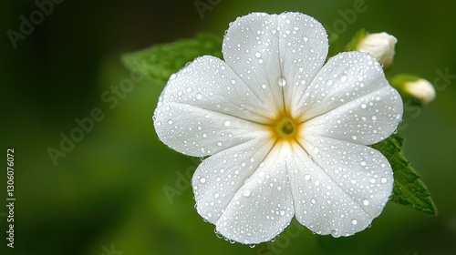 A pure fresh white flower with droplets of water on its petals, sitting against a neutral background with ample space for copy.
