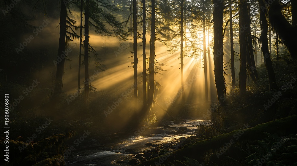 Obraz premium Radiant Sunlight Filtering Through Dense Evergreen Forest Canopy at Dawn