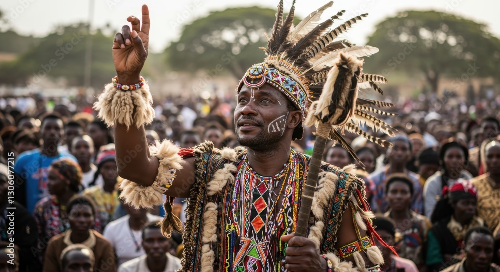 African Tribal Leader Addressing a Crowd: A Vibrant Display of Culture and Tradition in a Festive Gathering African Tribal Leader Addressing a Crowd: A Vibrant Display of Culture and Tradition in a Festive Gathering