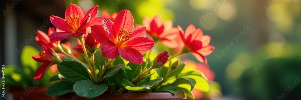 Lush red blossoms in colorful pot, bathed in sunlight, potted plants, colorful Lush red blossoms in colorful pot, bathed in sunlight, potted plants, colorful
