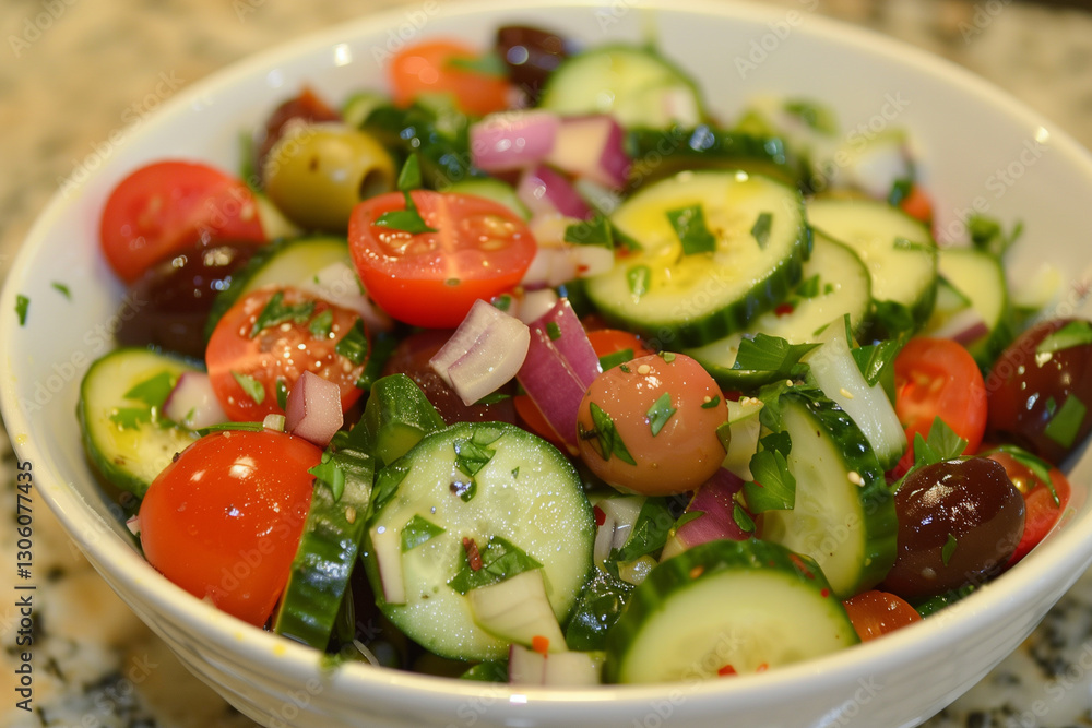 A vibrant Mediterranean salad featuring cherry tomatoes, cucumbers, a variety of olives, and finely chopped herbs, perfect for a healthy and flavorful meal or side dish. A vibrant Mediterranean salad featuring cherry tomatoes, cucumbers, a variety of olives, and finely chopped herbs, perfect for a healthy and flavorful meal or side dish.