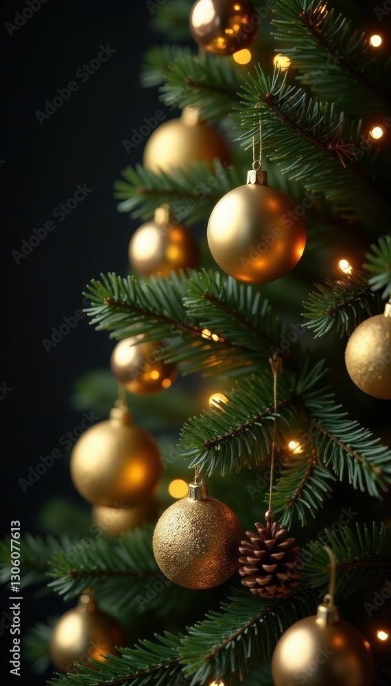 Ornate tree, gold ornaments, pine cones, warm lights, sparkles, texture Ornate tree, gold ornaments, pine cones, warm lights, sparkles, texture