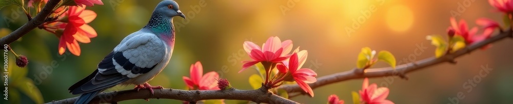 Fototapeta premium Pigeon on branch, vibrant flowers, dawn light, morning, flowers, animal