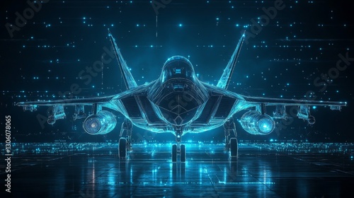 Futuristic jet fighter plane displays advanced tech. Holographic displays show complex tech design. Military aircraft shows cutting edge tech. Advanced jet plane amazing features. Future aviation, 32k