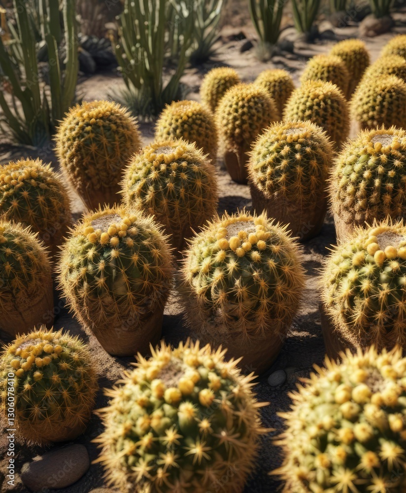 Numerous golden barrel cacti arranged in a vibrant outdoor setting , green, garden, texture Numerous golden barrel cacti arranged in a vibrant outdoor setting , green, garden, texture