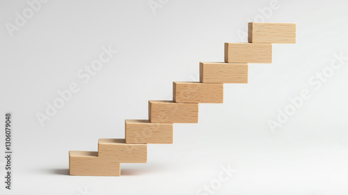 Wooden blocks arranged as ascending staircase on white background, symbolizing business growth, success, progress, development, career steps, and future opportunities.