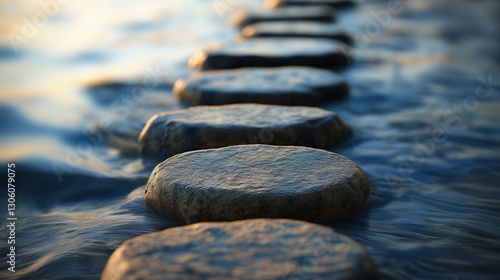 Stepping stones across flowing water at sunset, symbolizing life path, journey, balance, mindfulness, spiritual growth, overcoming challenges, meditation, and future opportunities.