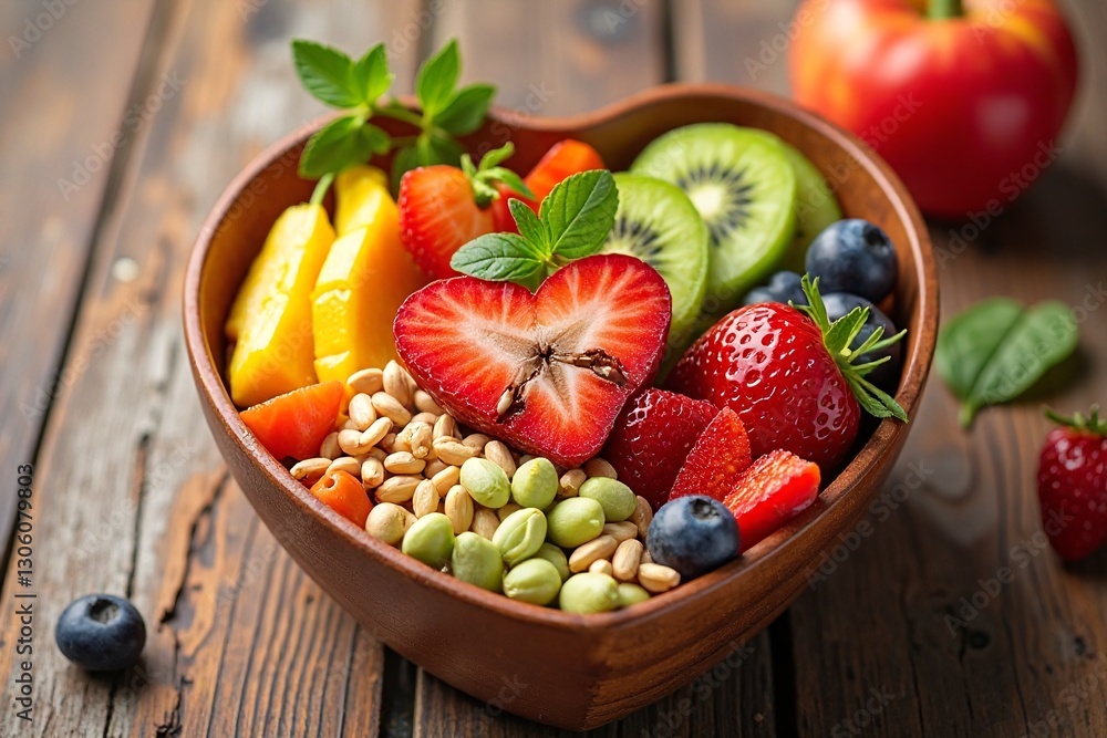 Fresh Heart-Shaped Fruit Bowl with Berries and Nuts on Wooden Table Fresh Heart-Shaped Fruit Bowl with Berries and Nuts on Wooden Table