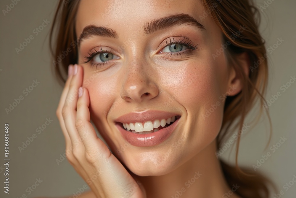 Radiant woman with glowing skin smiling and touching her face softly Radiant woman with glowing skin smiling and touching her face softly