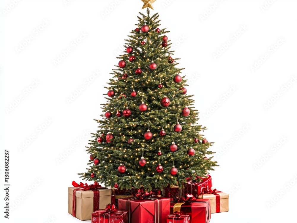 Christmas Tree with Red decorations and Gifts. Holiday concept on White background - ai Christmas Tree with Red decorations and Gifts. Holiday concept on White background - ai