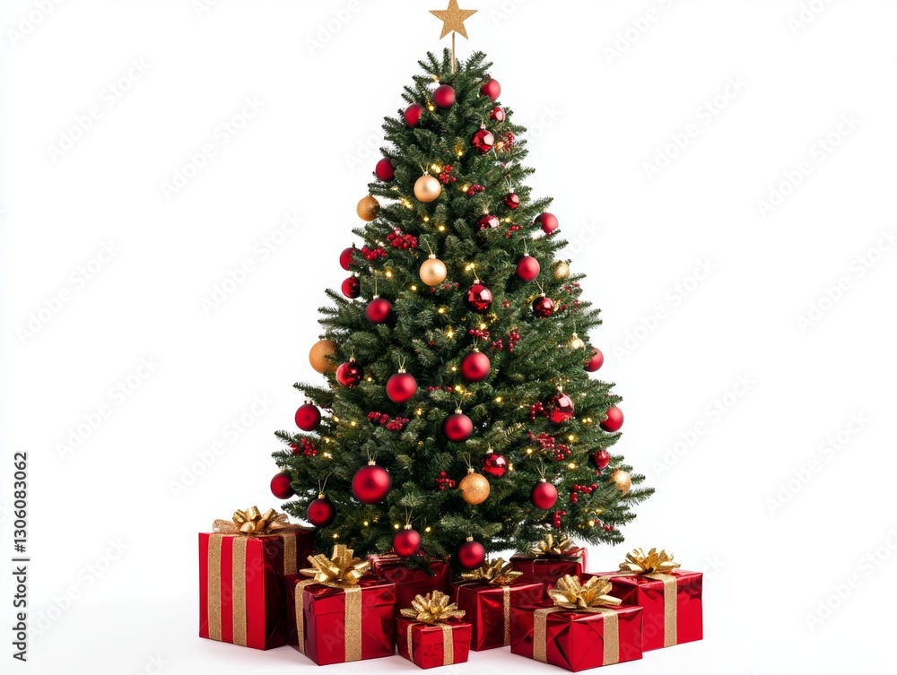 Christmas Tree with Red decorations and Gifts. Holiday concept on White background - ai Christmas Tree with Red decorations and Gifts. Holiday concept on White background - ai