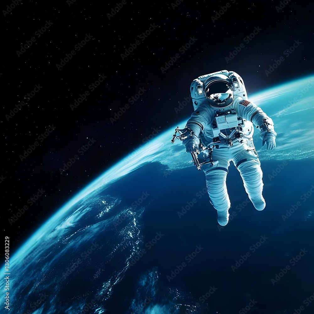 3D Pixel Astronaut Floating Above Blue Earth In Space Illustration 3D Pixel Astronaut Floating Above Blue Earth In Space Illustration