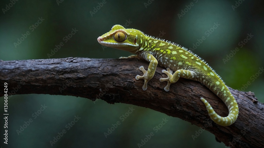 Green house gecko perched on a branch in a lush rainforest environment with copy space
Green house gecko perched on a branch in a lush rainforest environment with copy space