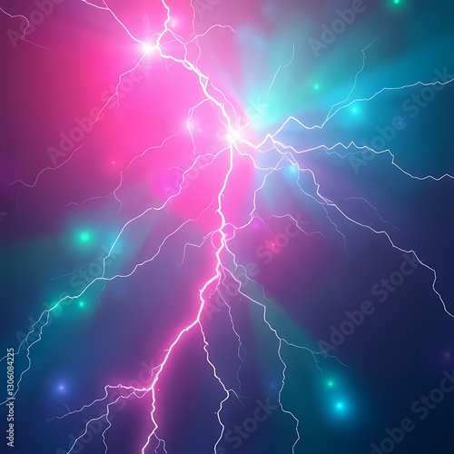 Wallpaper Mural Neon pink and turquoise lightning forks across a dark violet sky, striking through swirling colored clouds  Torontodigital.ca