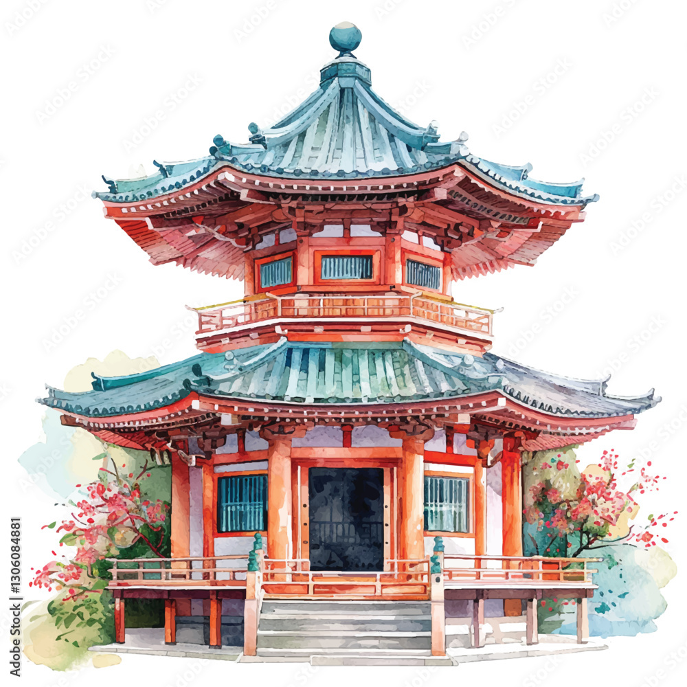 Obraz premium An ancient Japanese temple cartoon style watercolor