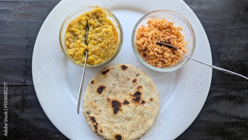 Fotografie Traditional Sri Lankan breakfast cuisine of lentil dahl curry, pol sambol, and c