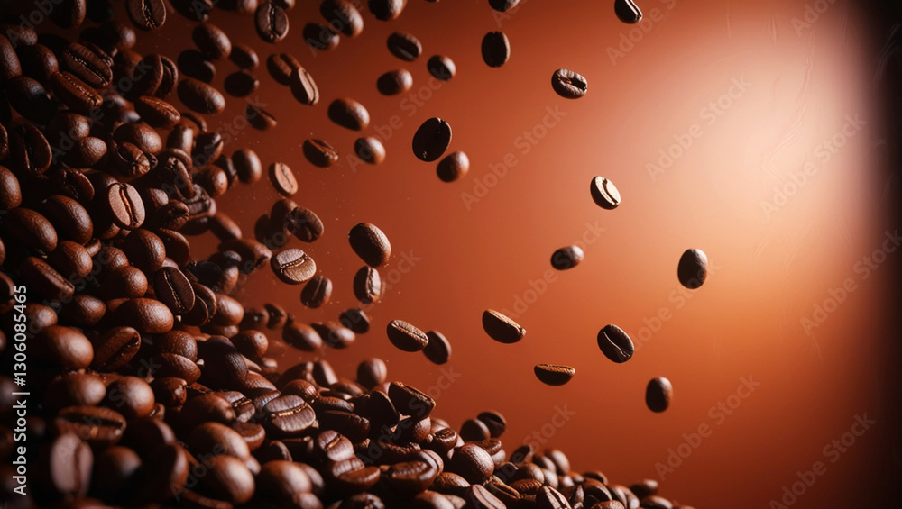 Coffee beans falling down in front of a dark orange background Coffee beans falling down in front of a dark orange background