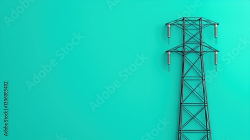Conductor energy efficiency. Power line tower against a vibrant turquoise background.