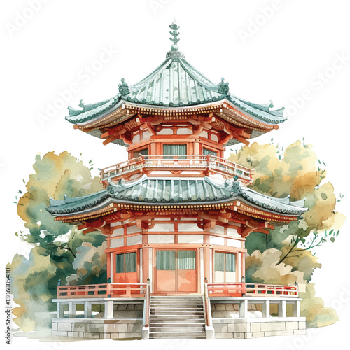 An ancient Japanese temple cartoon style watercolor