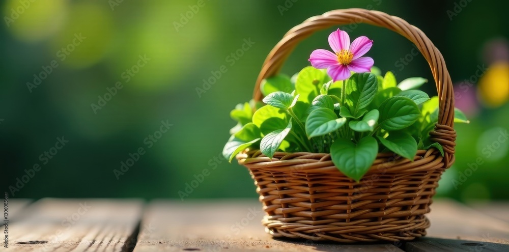 A charming wicker basket cradles a vibrant potted herb , food, photography A charming wicker basket cradles a vibrant potted herb , food, photography