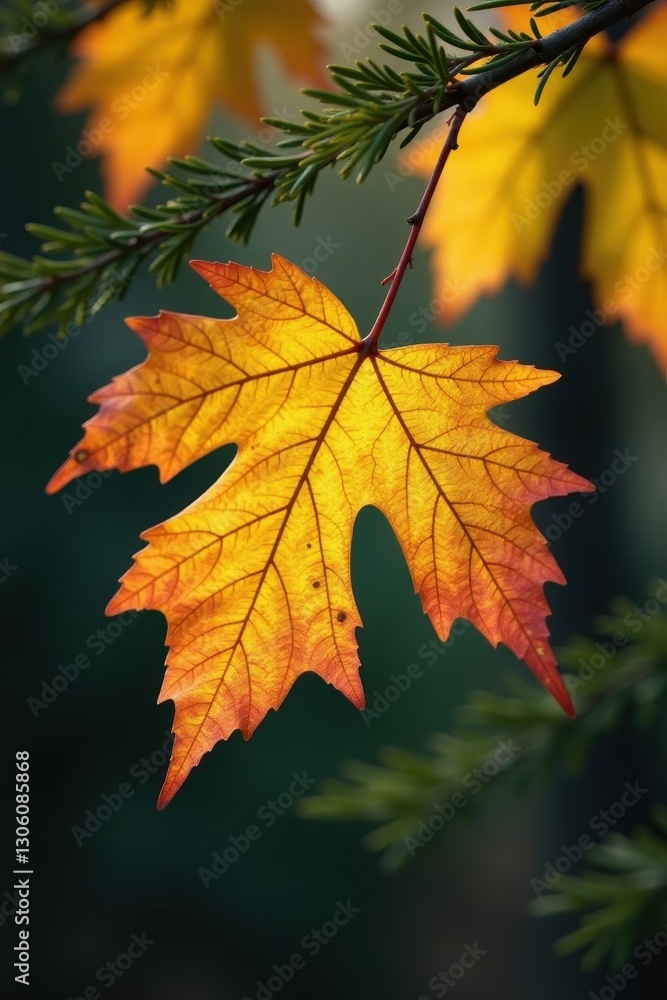 Aspen leaf clinging to pine branch, autumn colors, landscape, pine Aspen leaf clinging to pine branch, autumn colors, landscape, pine