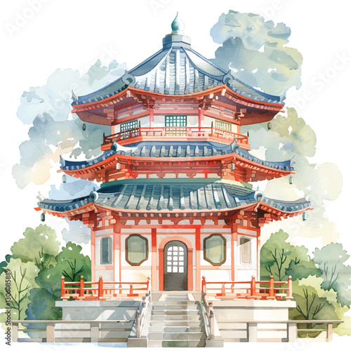 An ancient Japanese temple cartoon style watercolor