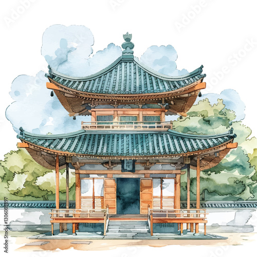 An ancient Japanese temple cartoon style watercolor