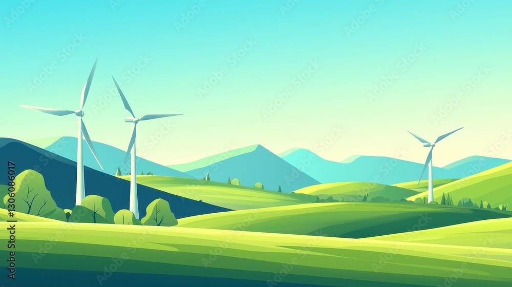 Fototapeta premium A serene landscape featuring rolling green hills, wind turbines, and mountains under a clear blue sky, highlighting sustainable energy and natural beauty.