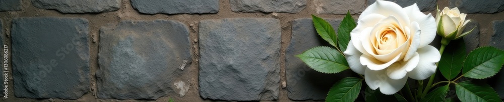 Close-up white rose, textured stone wall backdrop Nature's beauty , copy space, macro, image Close-up white rose, textured stone wall backdrop Nature's beauty , copy space, macro, image
