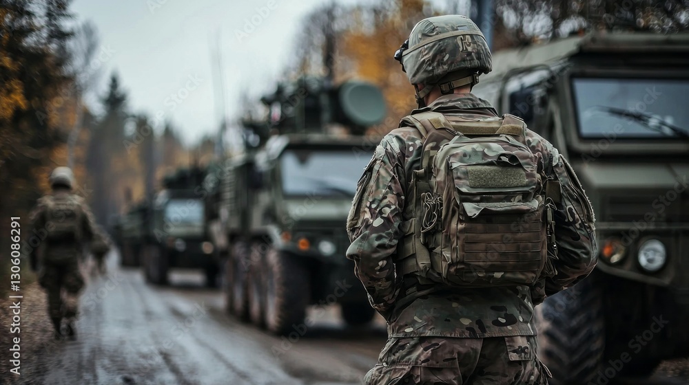 A soldier stands in front of a line of military vehicles. The scene is tense and serious, with the soldier looking ahead and the vehicles behind him A soldier stands in front of a line of military vehicles. The scene is tense and serious, with the soldier looking ahead and the vehicles behind him