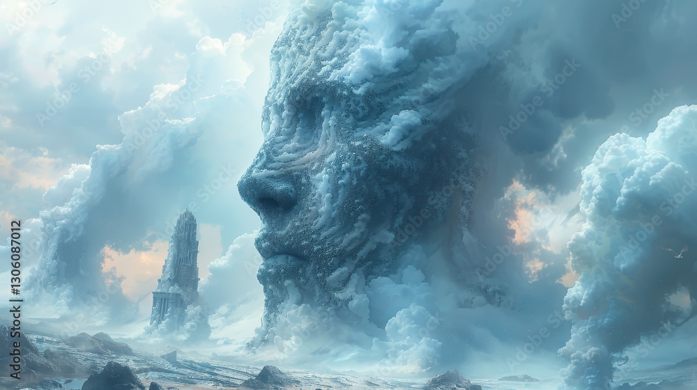 Obraz premium Giant Cloud Face Profile in Surreal Sky with Ancient Ruins - Fantasy Dream