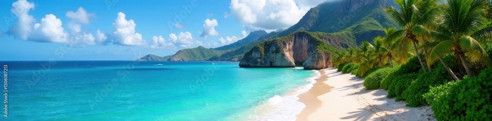 Dramatic cliffs overlook pristine Mauritian beach , formation, blue Dramatic cliffs overlook pristine Mauritian beach , formation, blue