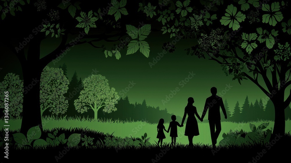 Silhouette of Family Walking Through Lush Forest at Dusk in Harmony Silhouette of Family Walking Through Lush Forest at Dusk in Harmony