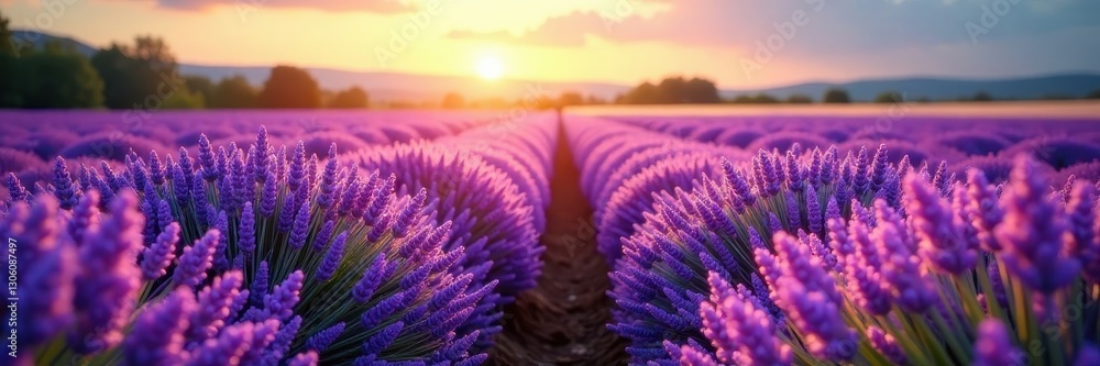 Fototapeta premium Endless rows of lavender, vibrant purple hues under summer sun, lilac, nature photography, calm