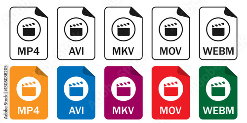 Set of video file format icons, including MP4, AVI, MOV, MKV, WEBM. Ideal for UI, video editing, streaming, file management, and tech-related content.  