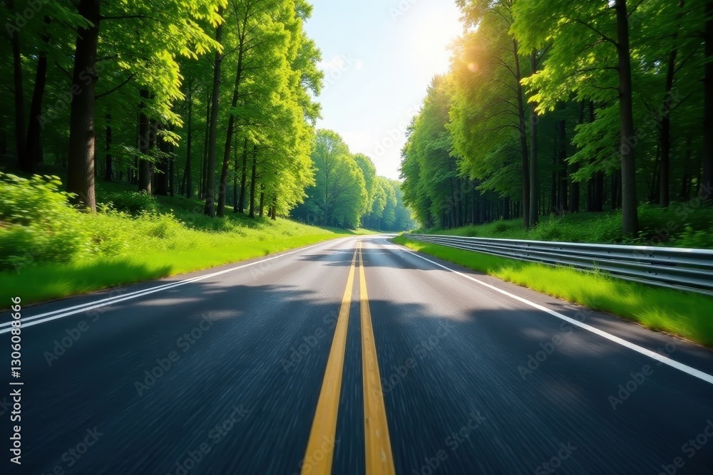 Fototapeta premium High-speed asphalt race track amidst verdant summer woodland, winding, rural