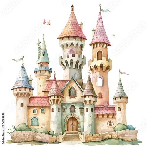 A whimsical castle cartoon style watercolor