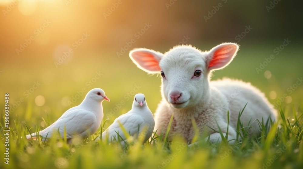 Close-up of a gentle white lamb resting on fresh grass, two doves beside it Close-up of a gentle white lamb resting on fresh grass, two doves beside it