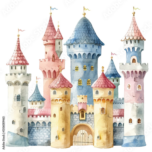 A whimsical castle cartoon style watercolor