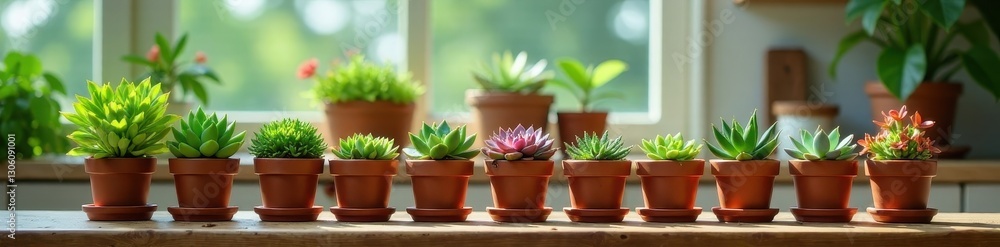 Fototapeta premium Succulent collection neatly arranged on kitchen countertop, green, clean, container