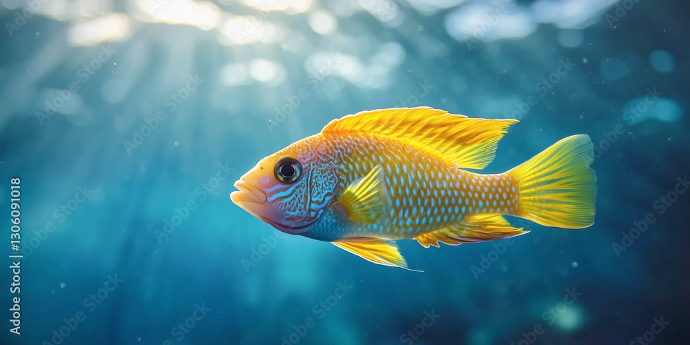 A vibrant tropical fish swimming in clear water, showcasing its colorful scales and fins. Perfect for underwater, marine life, and nature-themed visuals.