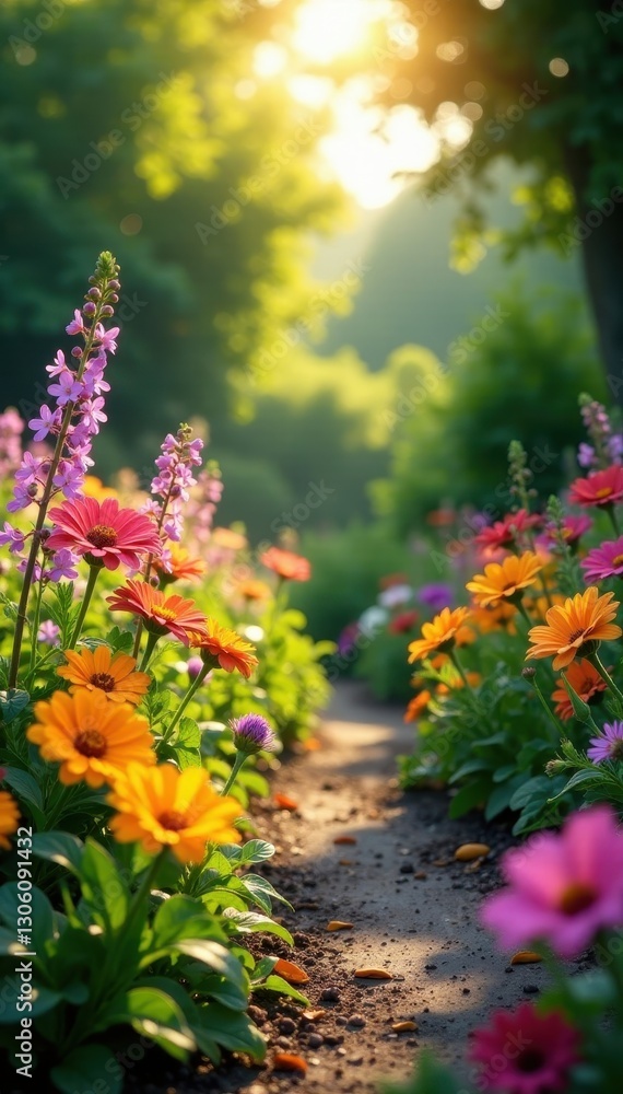 Fototapeta premium Sun-drenched garden overflowing with colorful summer flowers, botany, blooming, flowers