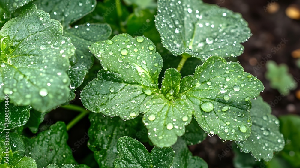 Close up view of green leaves covered in water droplets Close up view of green leaves covered in water droplets