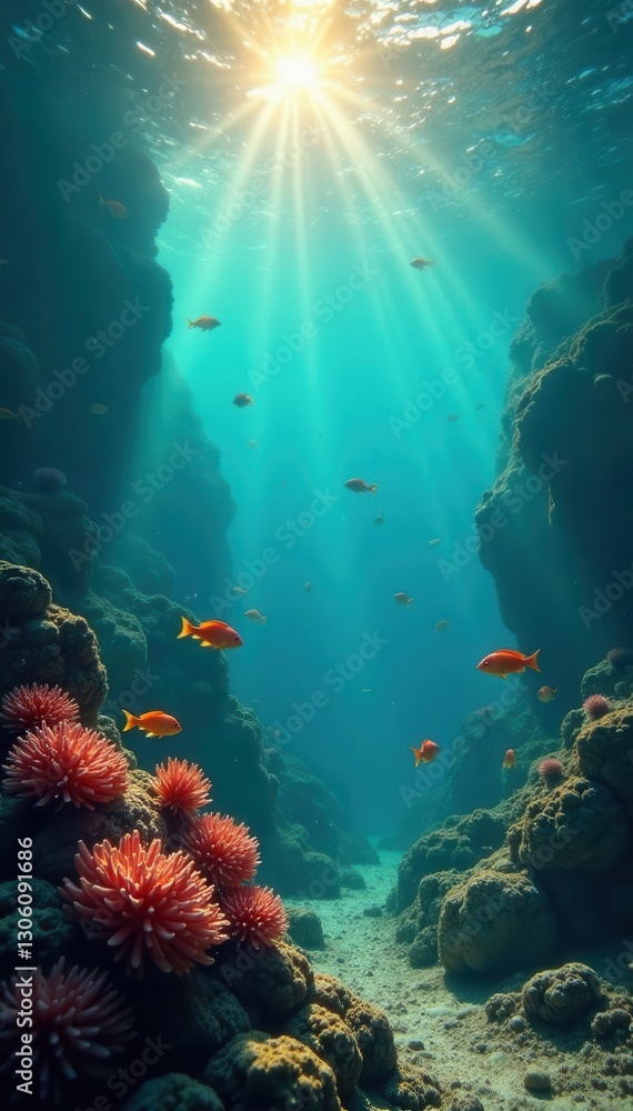 Fototapeta premium Sunlit shallows, vibrant fish school creating texture, tropical, texture, shallow