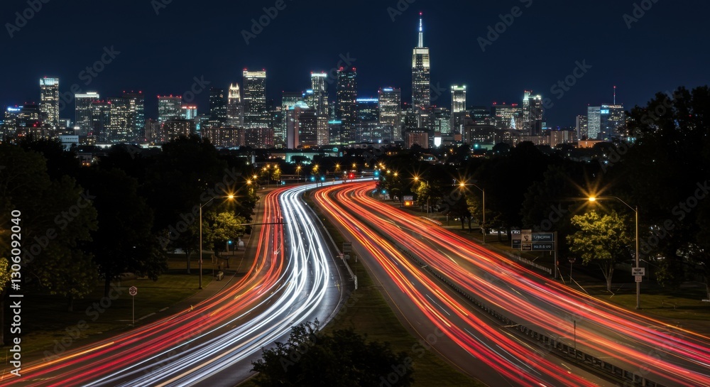 Obraz premium Vibrant city highway red and white light trails