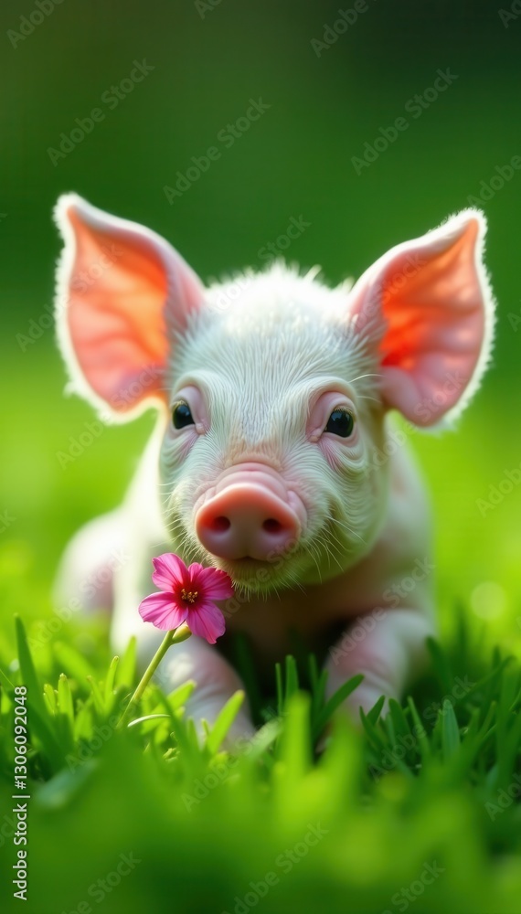 Tiny piglet rests in green grass, flower held gently in snout, summer, small, bloom Tiny piglet rests in green grass, flower held gently in snout, summer, small, bloom