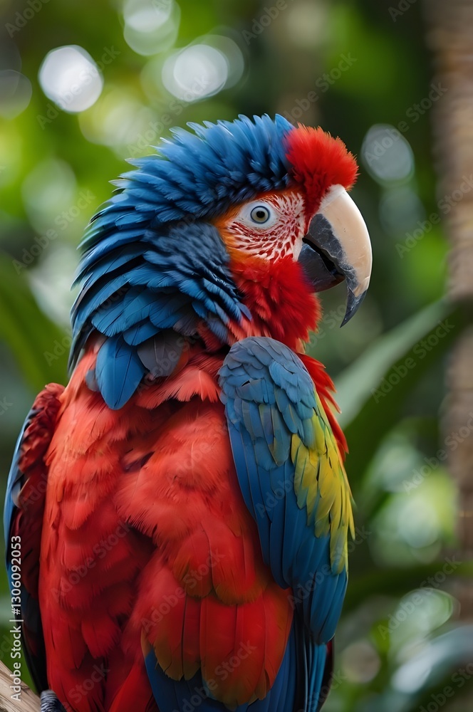 Vibrant Scarlet Macaw Perched on a Branch in Tropical Jungle Vibrant Scarlet Macaw Perched on a Branch in Tropical Jungle