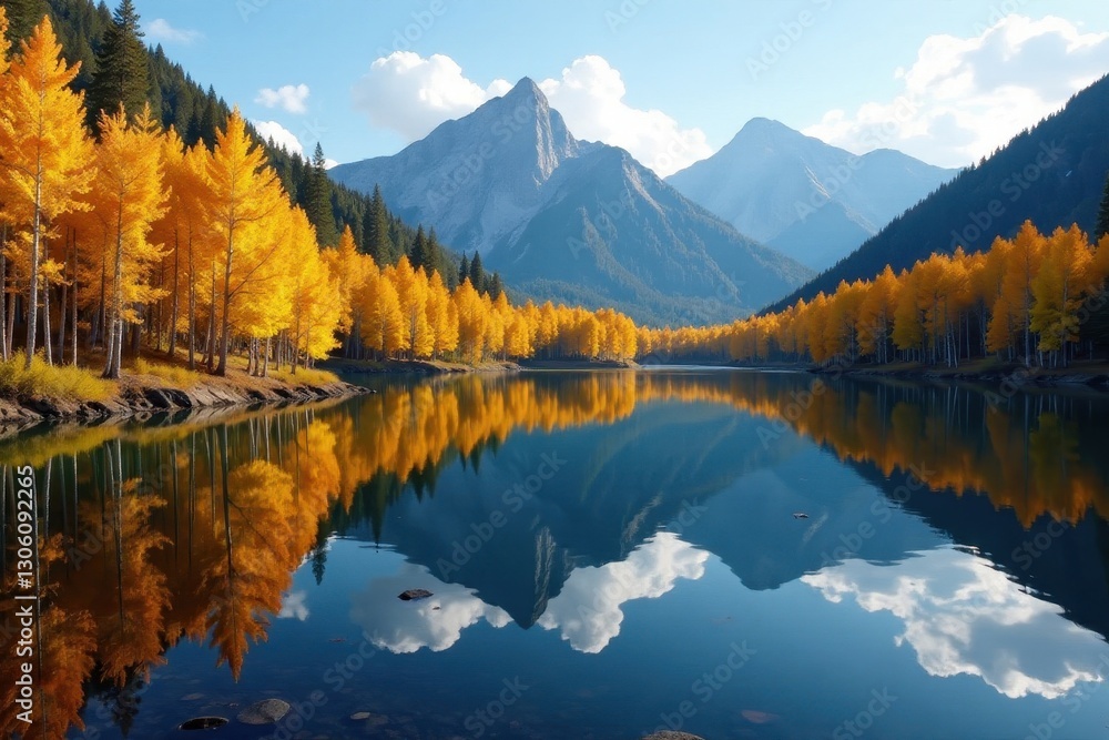 Obraz premium Vibrant aspen trees reflected in calm Fish Lake , water, trees, november