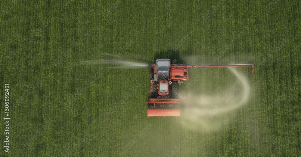 Fototapeta premium Overhead view of a tractor spraying herbicide in a field with crops , equipment, farming