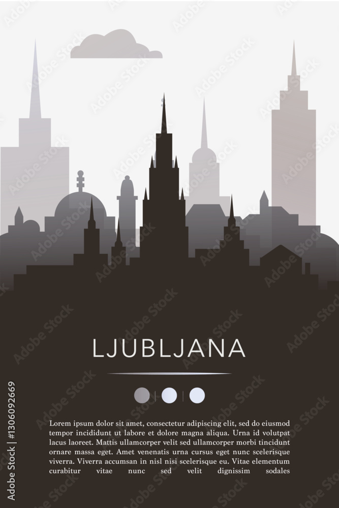Fototapeta premium Ljubljana city template for website, presentation, front page, invitation, publication sheet with skyline, landmarks. Vector Slovenia image layout, simple and grayscale
